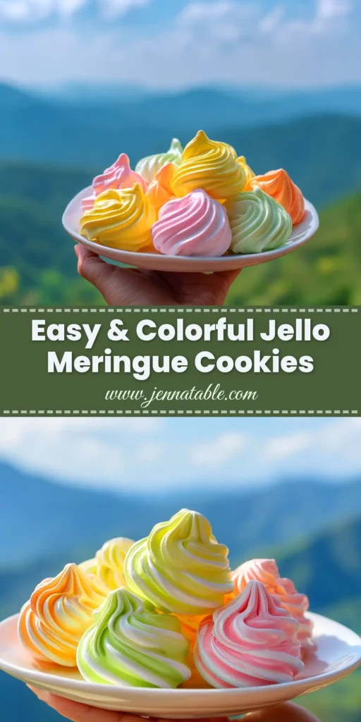A vibrant platter of colorful Jello Meringue Cookies in shades of pink, green, and yellow, showcasing their crisp texture and swirled shapes.