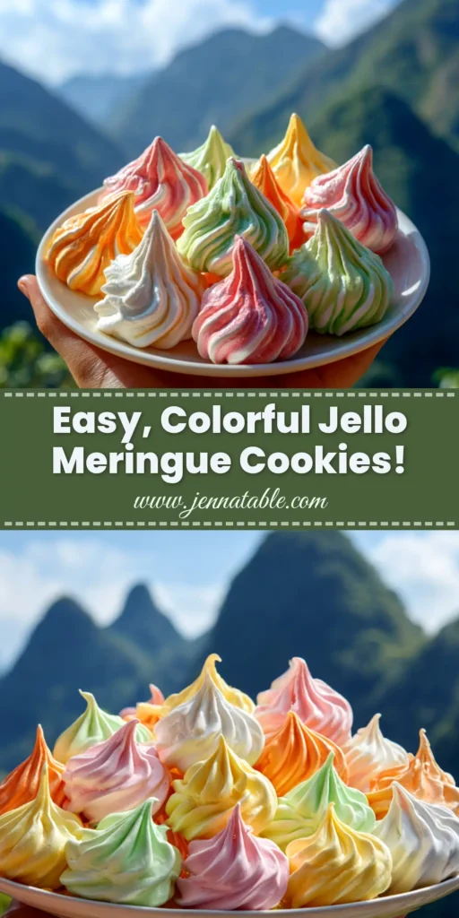 A vibrant assortment of colorful Jello Meringue Cookies arranged on a white platter, showcasing their crisp texture and fun flavors.