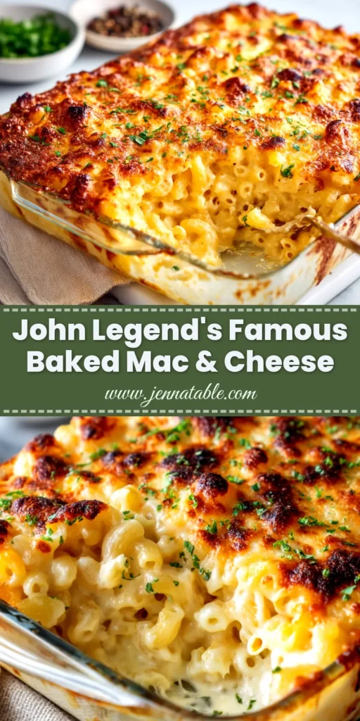 John Legend's Baked Mac and Cheese: The Ultimate Guide 3 A large baking dish of John Legend's Baked Mac and Cheese, showing a golden brown crispy top and creamy cheese sauce bubbling at the sides.