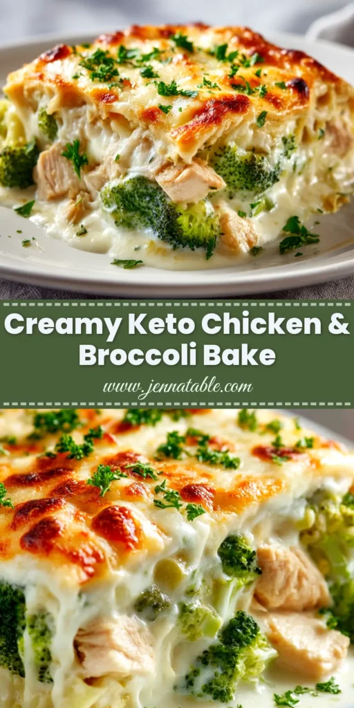 Keto Chicken Alfredo Broccoli Bake 3 A top-down view of a golden-brown Keto Chicken Alfredo Broccoli Bake in a white casserole dish, ready to be served.