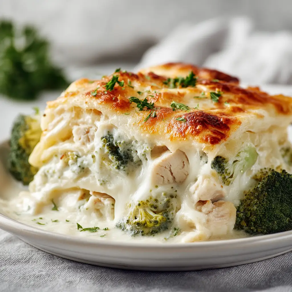 Keto Chicken Alfredo Broccoli Bake 1 A scoop of the finished Keto Chicken Alfredo Broccoli Bake on a white plate, showing the melted cheese and creamy interior.