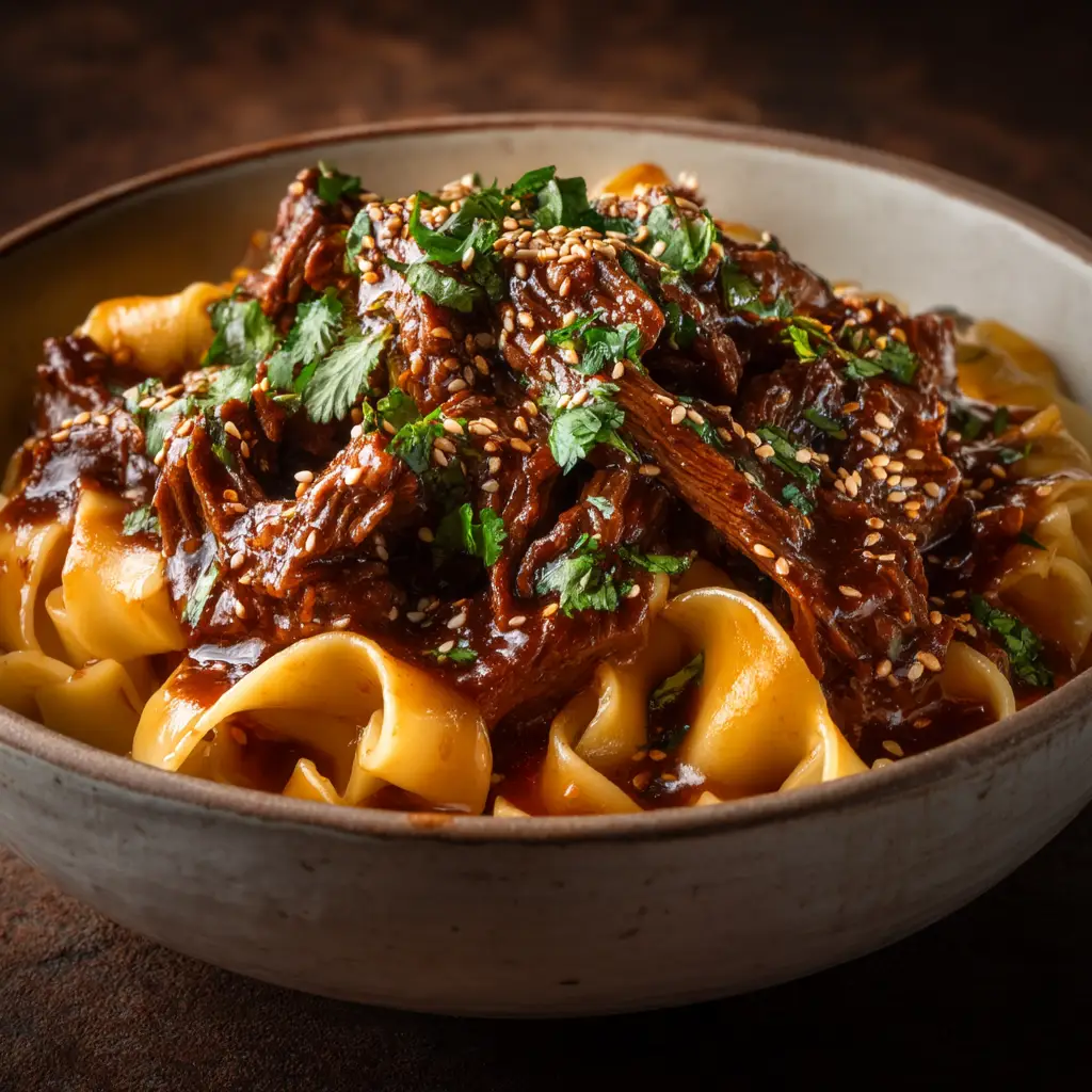 A final bowl of Slow Cooker Korean Beef Noodles garnished with fresh green onions, showcasing the finished dish.