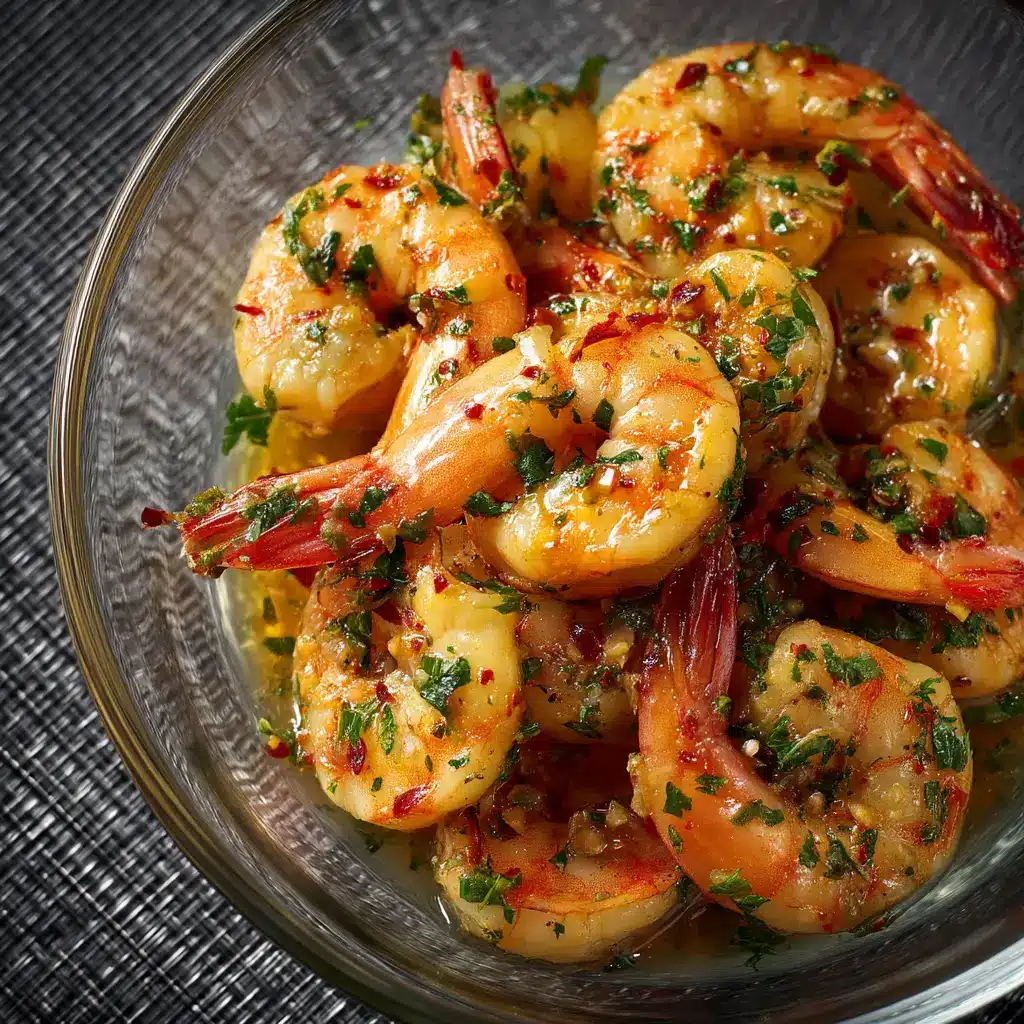 Another angle of the garlic butter shrimp, showing the rich butter sauce and fresh herb garnish in a white bowl.