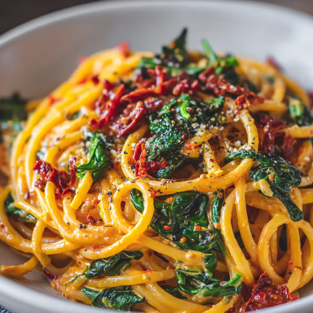 Sun-Dried Tomato Pasta (Creamy, Easy, & Ready in 30 Mins!) 1 A side-angle, close-up image of sun-dried tomato pasta being tossed in a skillet, showing the creaminess of the sauce as it coats the spaghetti.