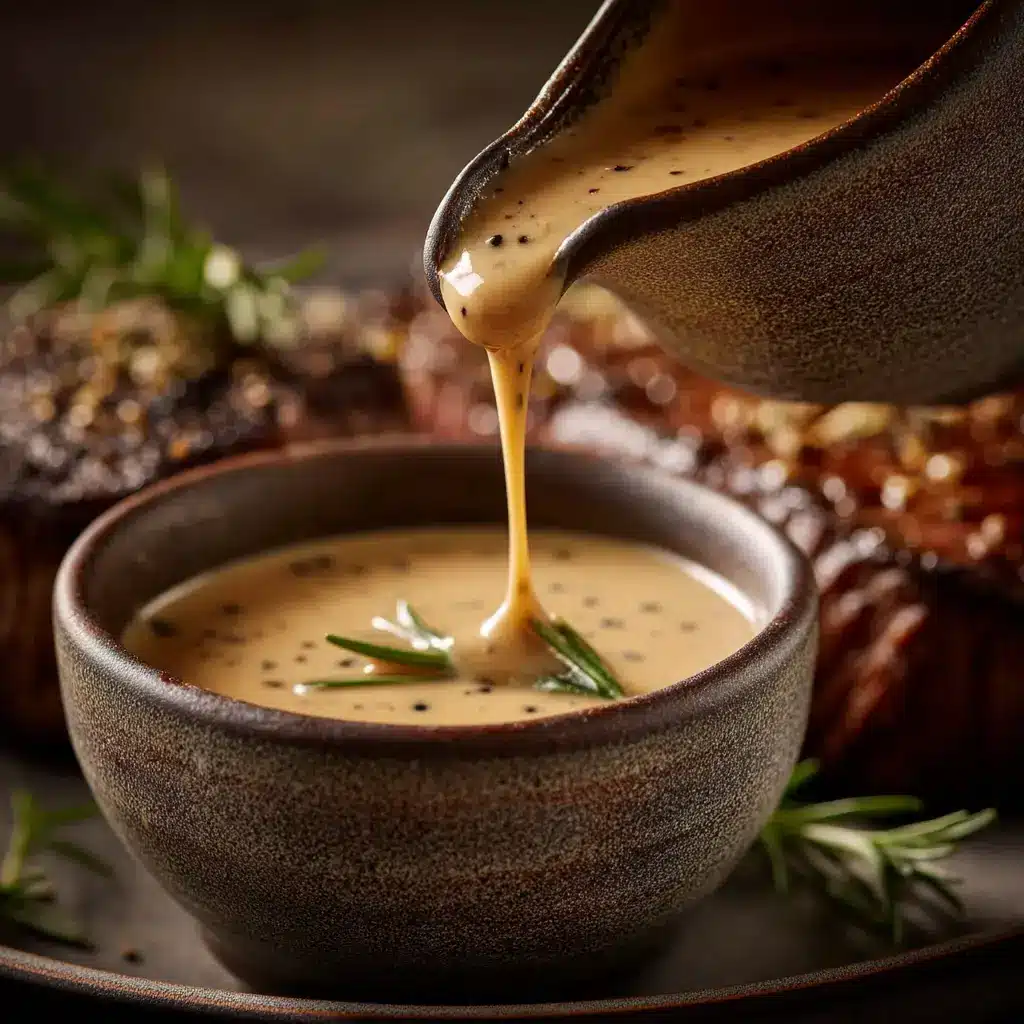A close-up shot of a skillet showing the process of making peppercorn sauce. You can see the shallots, garlic, and crushed peppercorns simmering in the creamy base.