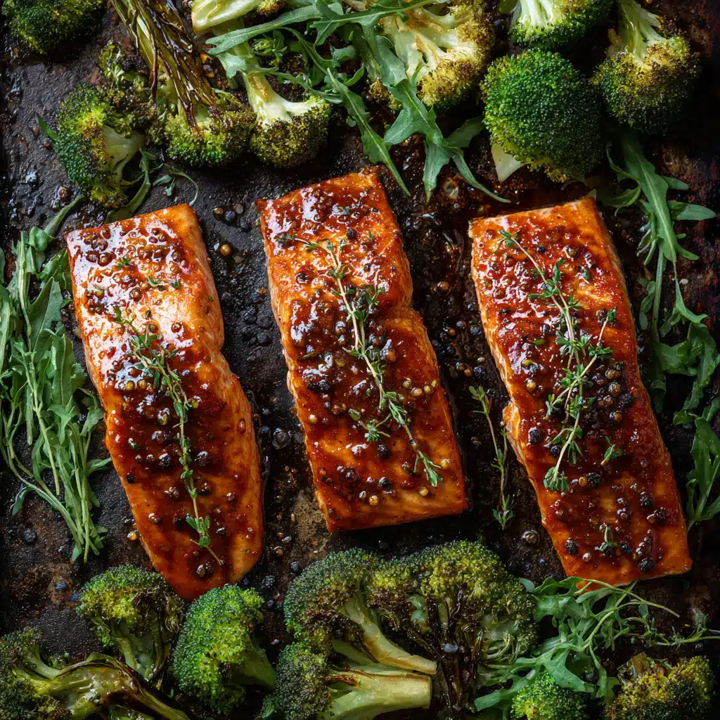 Three maple dijon salmon fillets arranged on a baking sheet before going into the oven.