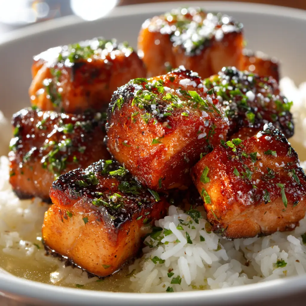 A close-up of the fresh cucumber and tomato relish being spooned over the lemon-dill rice, a key component of the Greek salmon bowl.