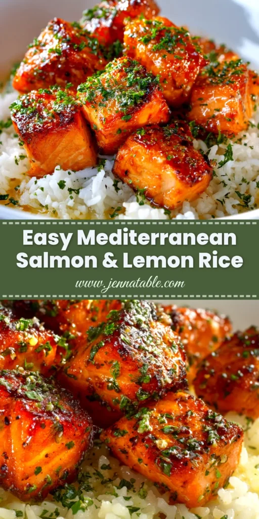 A vibrant bowl of Mediterranean Salmon and Rice. A pan-seared salmon fillet sits atop a bed of lemon-dill rice, generously topped with a fresh tomato and cucumber relish.