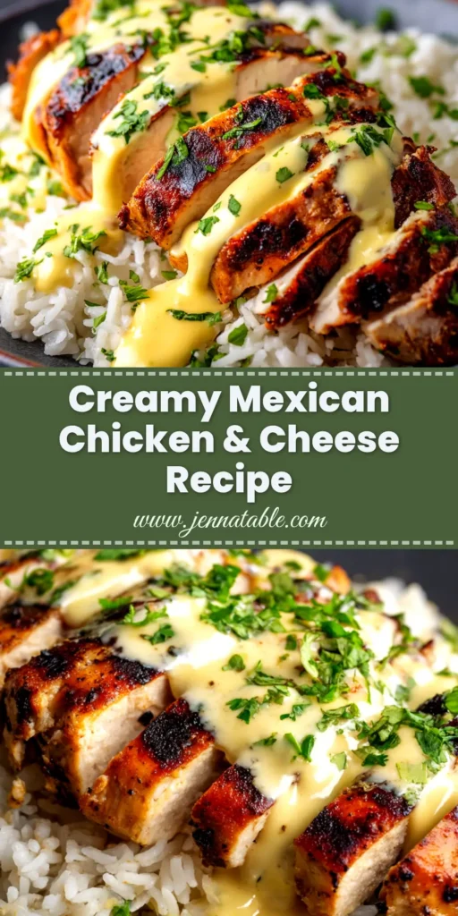 A skillet of Mexican chicken with cheese sauce, topped with fresh cilantro. The cheesy chicken is ready to be served for an easy weeknight dinner.