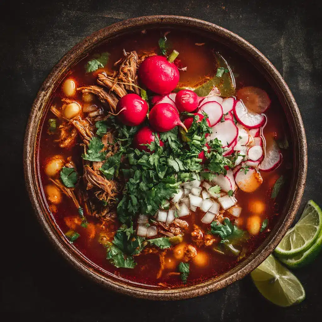 A close-up shot of Mexican pork and hominy stew in a rustic bowl. The tender pork and hearty hominy are visible in the rich red broth.