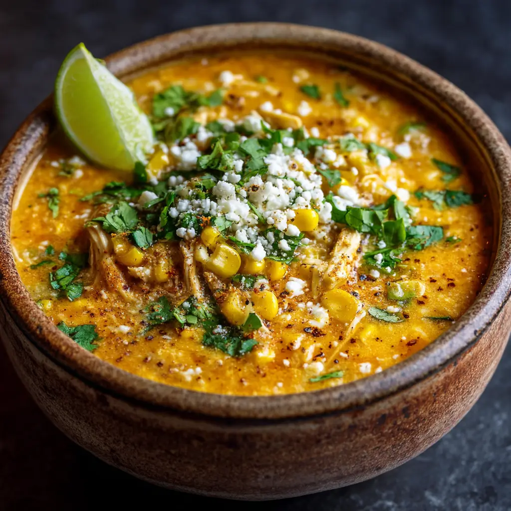 A rustic stoneware bowl filled with Mexican street corn chowder, garnished with fresh cilantro and lime.