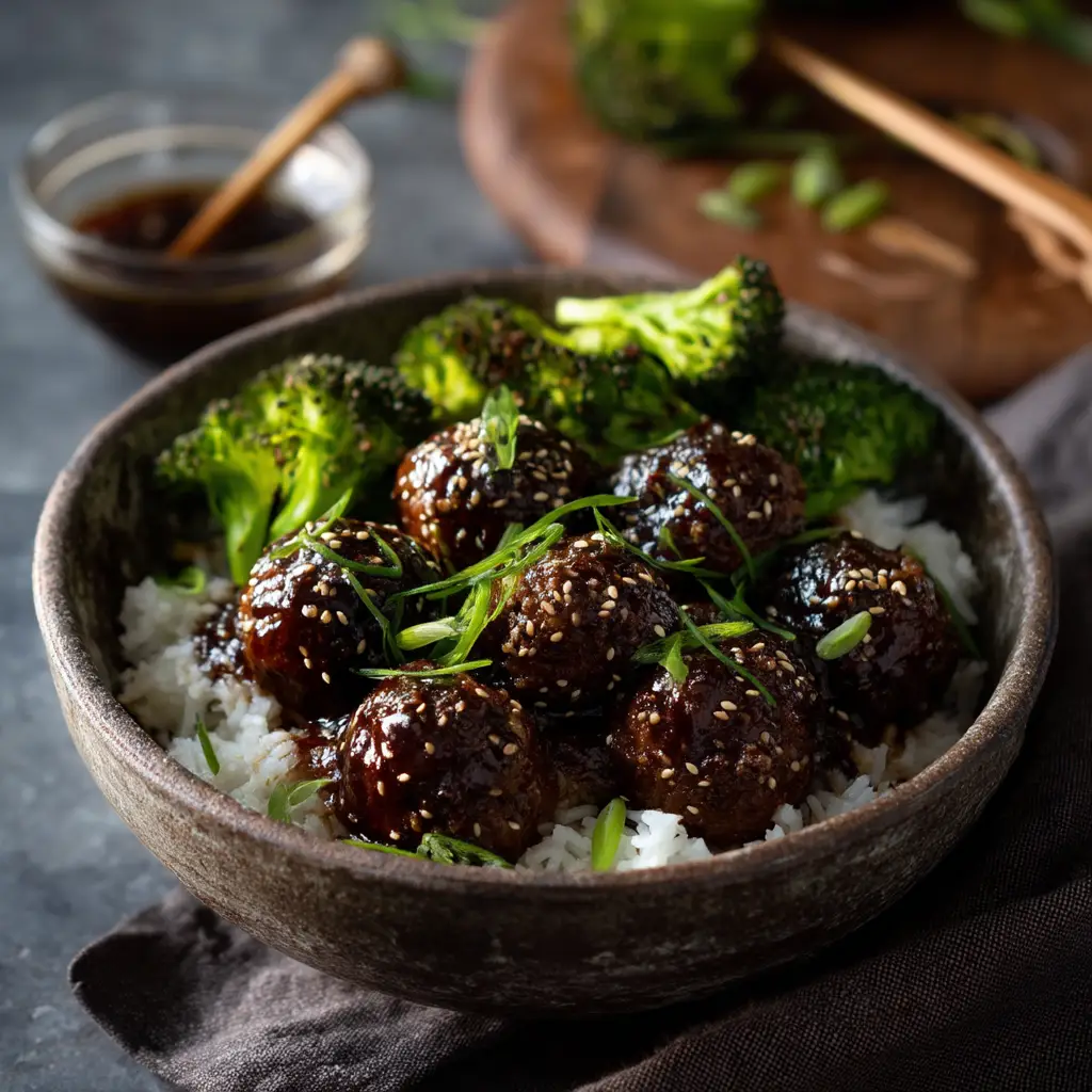 An overhead view of Mongolian meatballs simmering in a skillet with a thick, bubbling garlic ginger sauce.