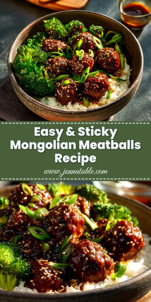 A sharable pin image showing a bowl of sticky Mongolian Meatballs garnished with sesame seeds and green onions, with text overlay for Pinterest.