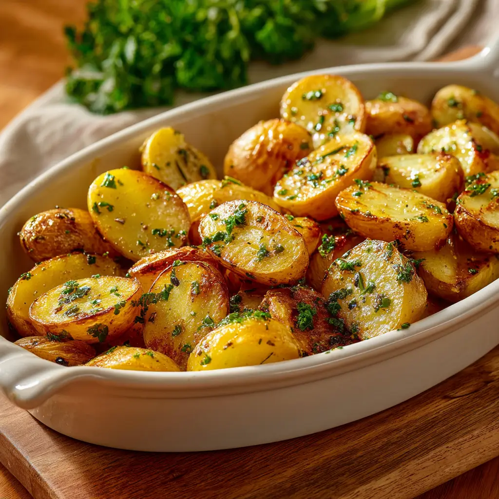 Roasted Fingerling Potatoes: The Ultimate Crispy Recipe 2 A close-up shot of garlic herb roasted fingerling potatoes in a rustic bowl, showcasing their crispy skin and creamy texture.