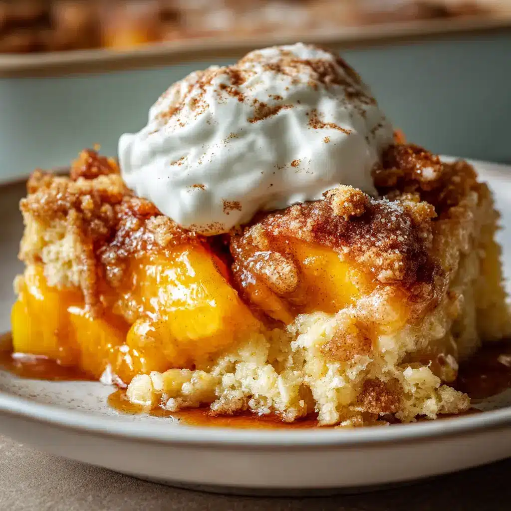 An extreme close-up of the golden-brown, buttery crust on a freshly baked peach cobbler made with cake mix.