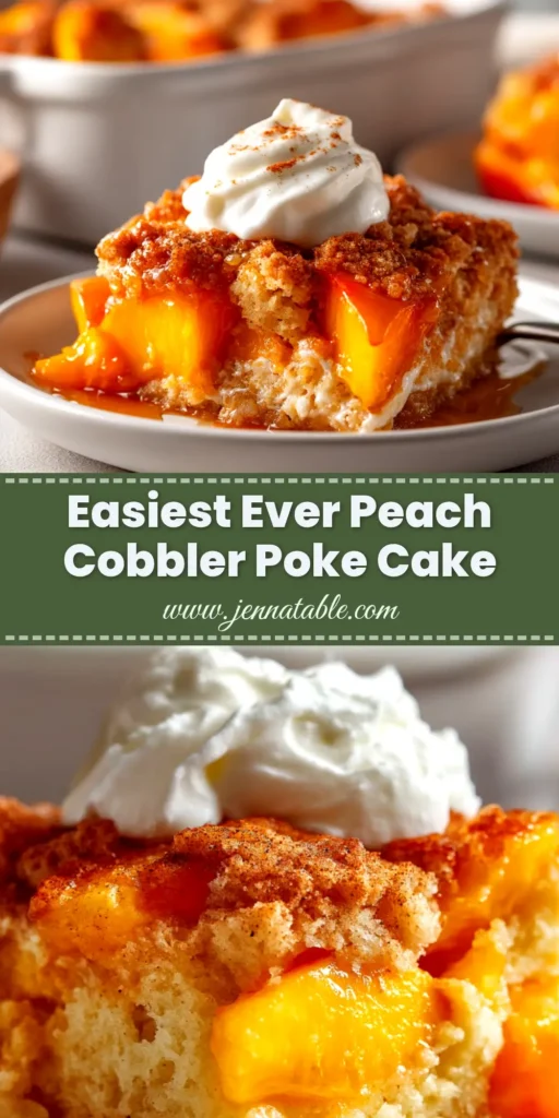 An overhead shot of a golden-brown peach cobbler with cake mix in a white baking dish, with a scoop taken out to show the bubbly peach filling.