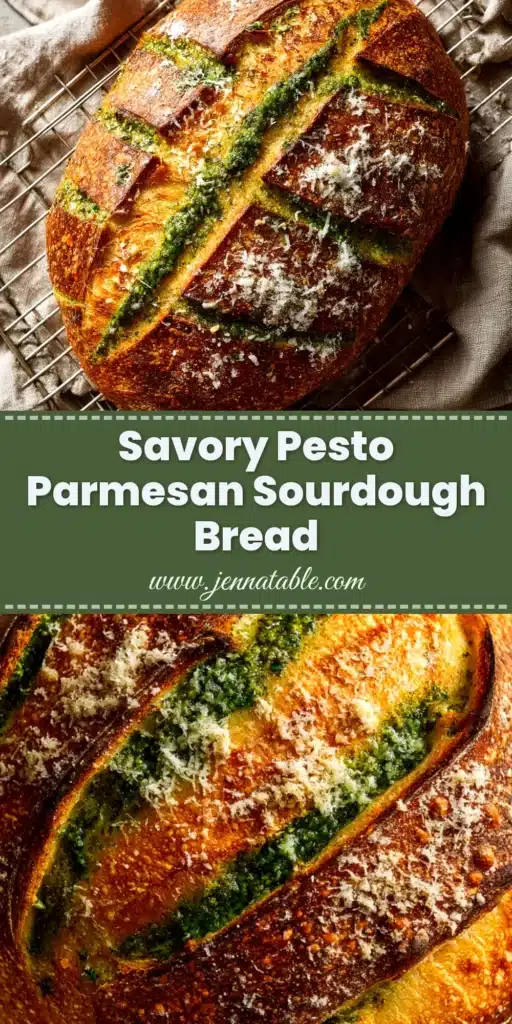 A stunning loaf of Pesto Parmesan Sourdough bread sliced open to show the beautiful green swirl, placed on a rustic wooden board.