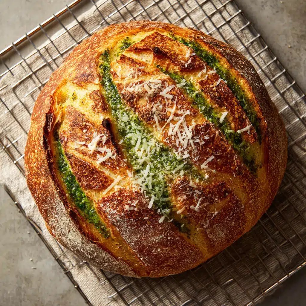 A close-up shot of a slice of cheesy sourdough bread showing the intricate green pesto swirl inside.