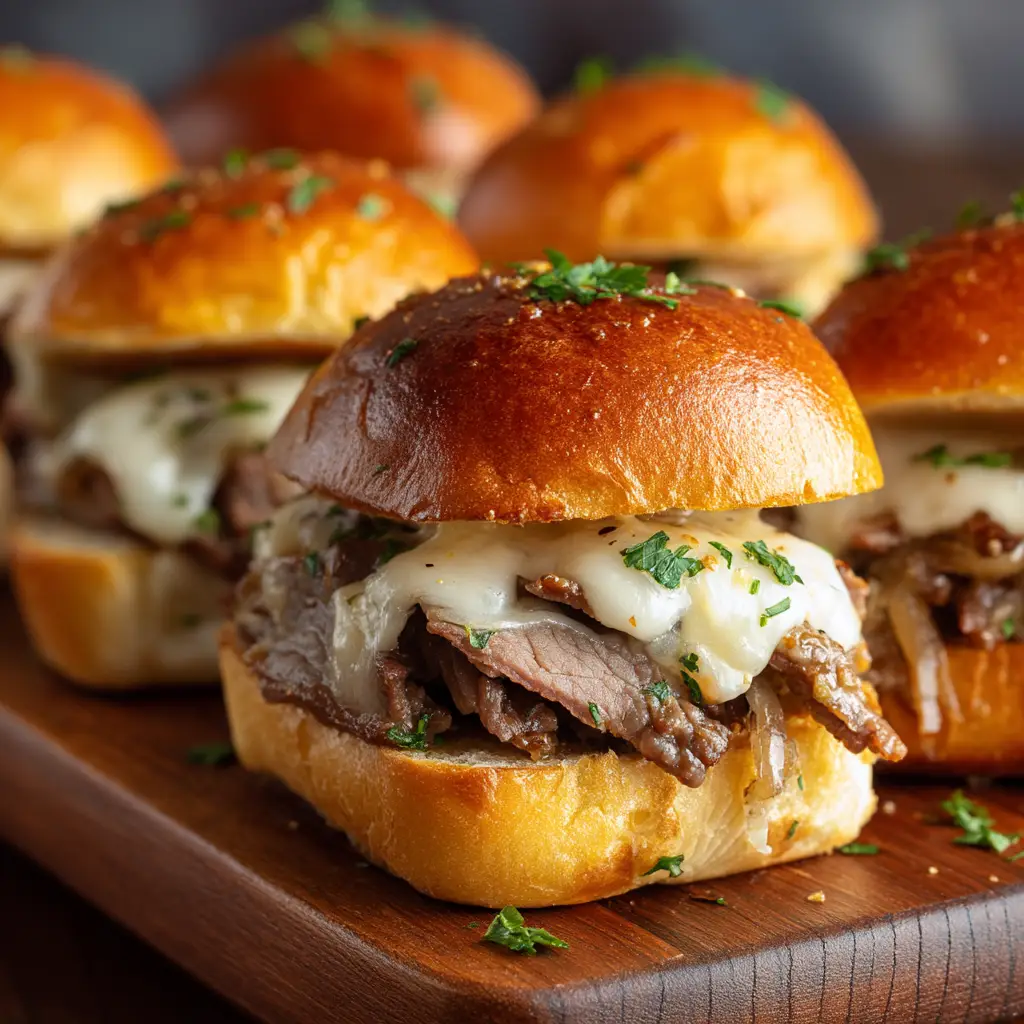 Philly Cheesesteak Sliders: The Ultimate Party Food 2 A close-up hero shot of a single Philly cheesesteak slider showing the layers of tender steak, sautéed vegetables, and gooey melted provolone cheese.
