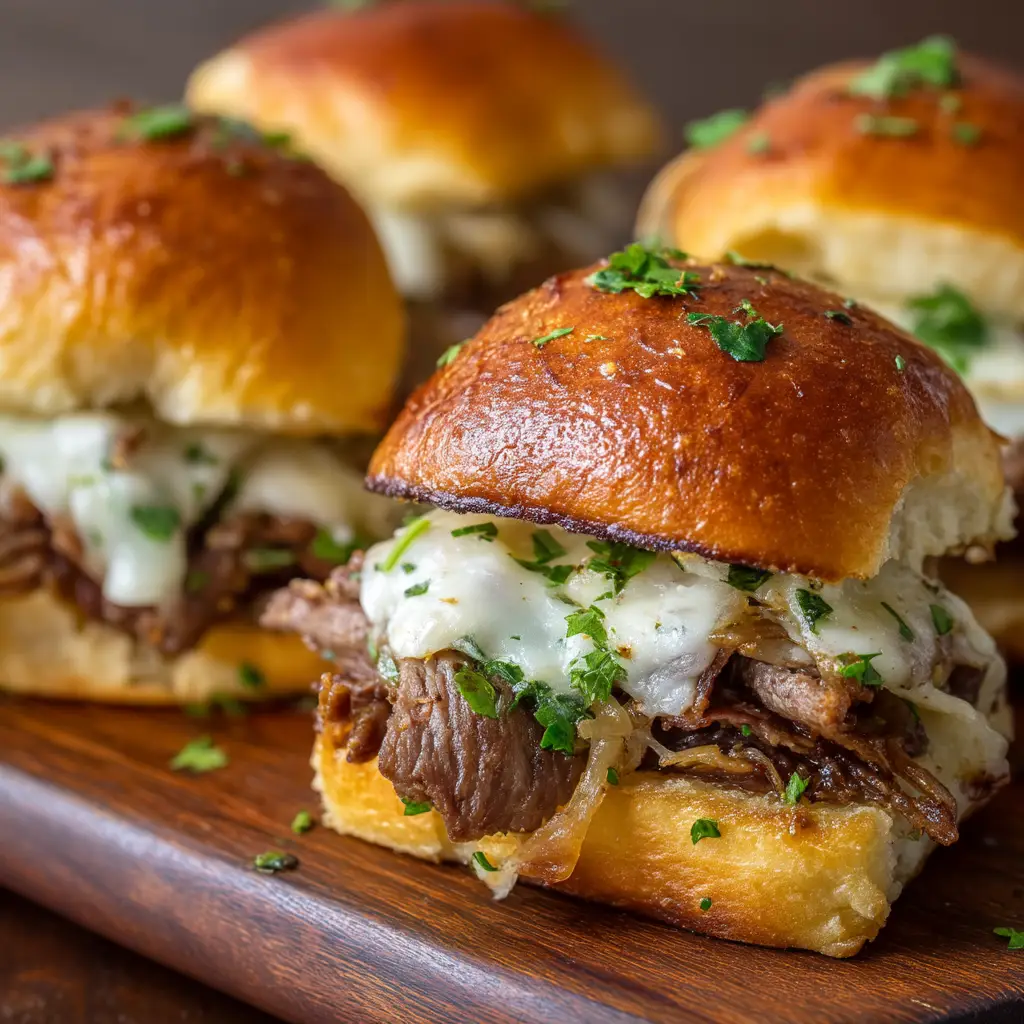 Philly Cheesesteak Sliders: The Ultimate Party Food 1 A side view of multiple Philly cheesesteak sliders on a platter, showcasing the golden garlic butter topping and the generous filling inside each roll.