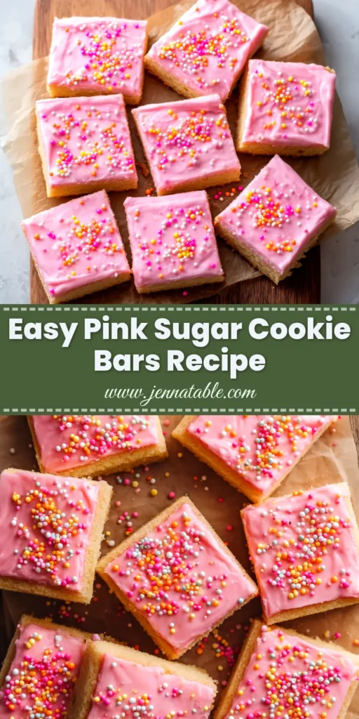 A platter of perfectly cut Pink Sugar Cookie Bars with creamy pink frosting and colorful sprinkles, ready to be shared.