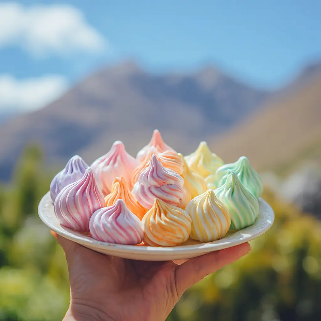 Piping the colorful meringue mixture onto a parchment-lined baking sheet to make Jello cookies.