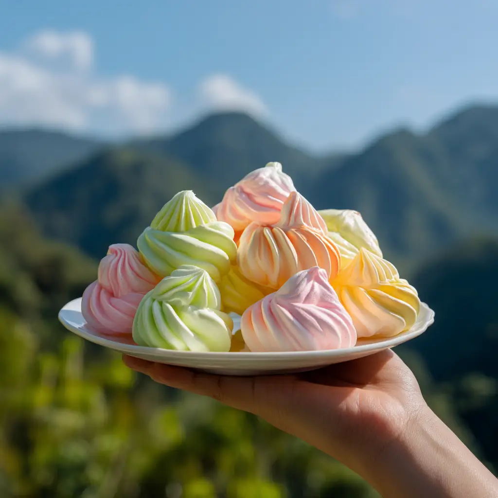 A piping bag with a star tip creating swirls of colorful meringue batter onto a parchment-lined baking sheet.