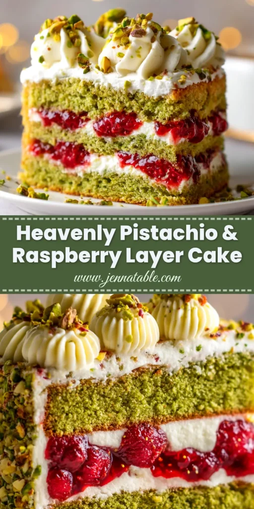 Pistachio Raspberry Cake: A Stunningly Moist & Flavorful Recipe 3 A beautiful slice of pistachio raspberry cake on a white plate, showing layers of green pistachio cake, red raspberry filling, and white frosting.