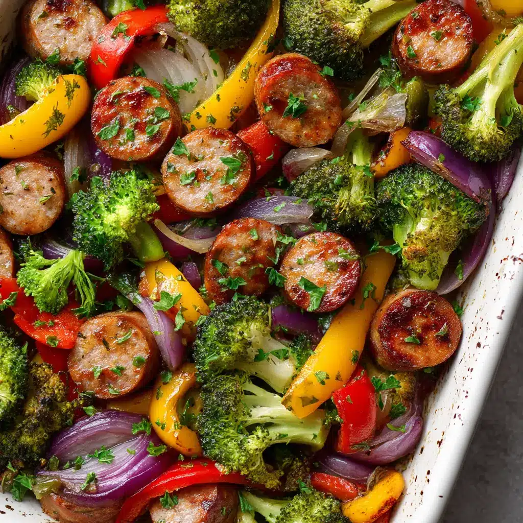 The complete Chicken Sausage Sheet Pan Dinner served on a white plate, showcasing a healthy and balanced meal.