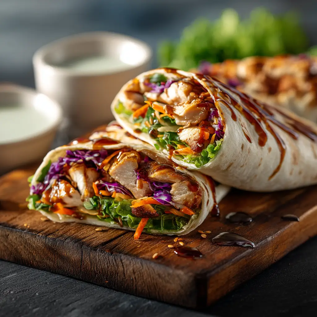 Two halves of a delicious Teriyaki Chicken Wrap plated and ready to eat, garnished with sesame seeds.