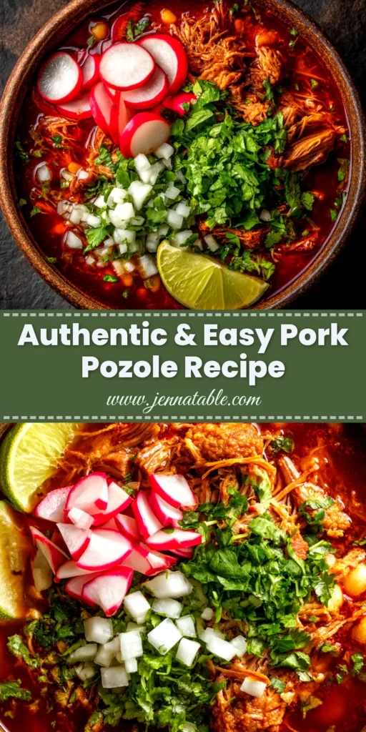 Pork Pozole Recipe (Authentic & Easy) 4 A beautiful overhead shot of a bowl of authentic pork pozole recipe, surrounded by fresh garnishes like lime, radish, and cilantro. The red chile broth is vibrant.