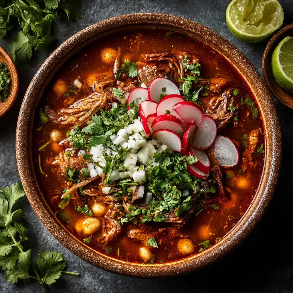 Pork Pozole Recipe (Authentic & Easy) 1 A vibrant spread of pozole toppings including sliced radishes, chopped onions, cilantro, and lime wedges arranged in small bowls, ready for serving with the pork pozole recipe.