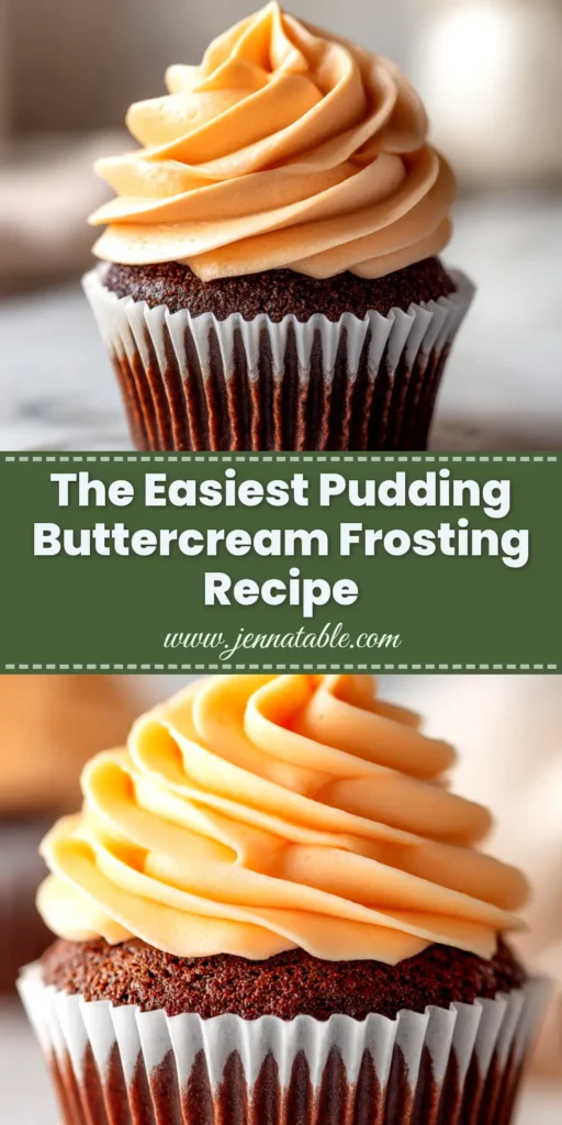 A bowl of finished Pudding Buttercream Frosting being whipped with a whisk, showing its light and fluffy texture. The frosting is a pale cream color and sits next to a frosted cupcake.