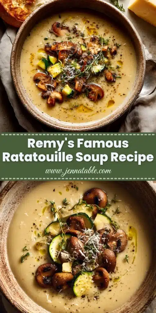 A beautiful overhead shot of a bowl of rich, red Ratatouille Soup, garnished with fresh basil leaves. A crusty piece of bread rests on the side.