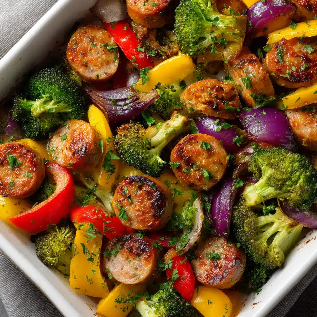A close-up view of the roasted vegetables and chicken sausage, showing the caramelized edges of the broccoli and bell peppers.