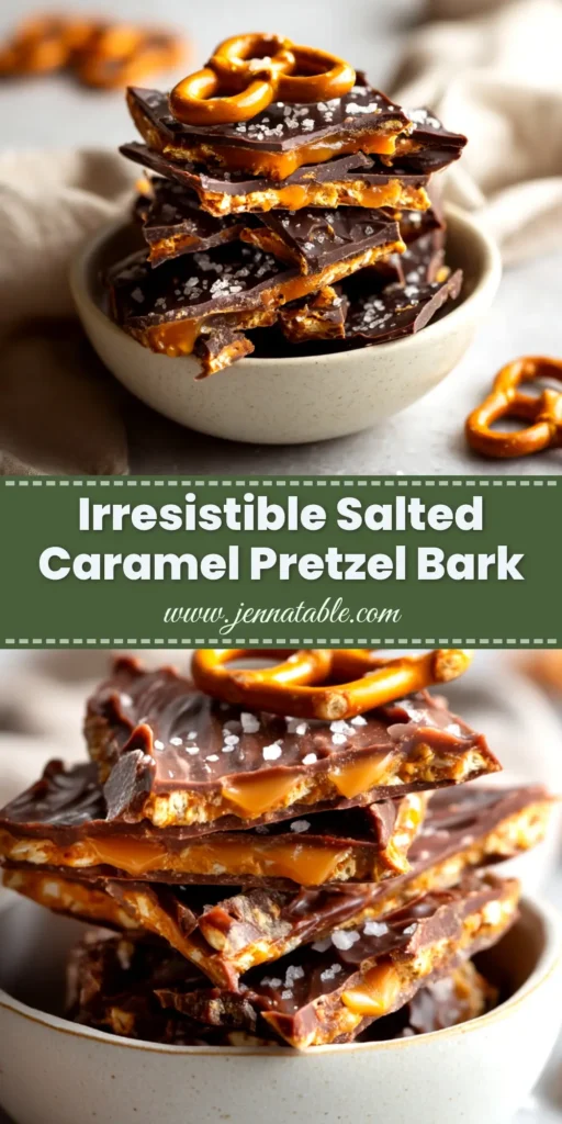 Easy Salted Caramel Pretzel Bark recipe, a perfect no-bake holiday treat. Layers of chocolate, pretzels, and caramel topped with sea salt, ready to be shared.