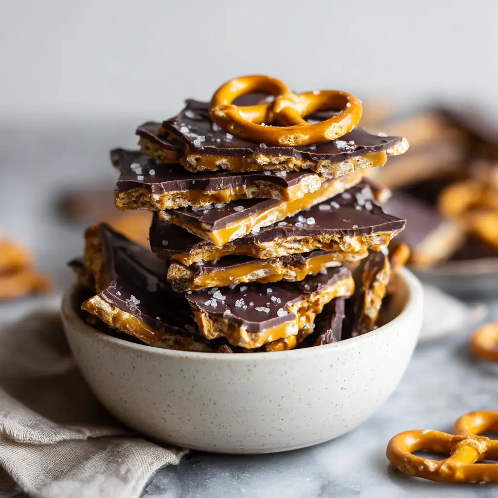A tall stack of homemade chocolate pretzel bark pieces, showing the distinct layers of crunchy pretzels, rich chocolate, and gooey caramel.