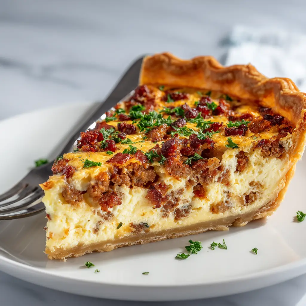 A close-up shot of a slice of savory meat-filled quiche, revealing the rich custard, melted cheese, and chunks of sausage and ham.