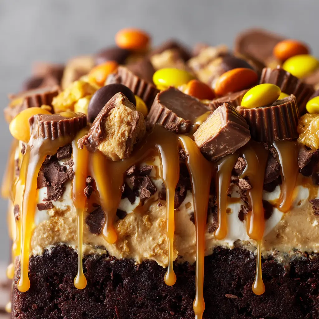 A fork cutting into a piece of Reese's poke cake, showing the soft texture and rich chocolate fudge topping with peanut butter cups.
