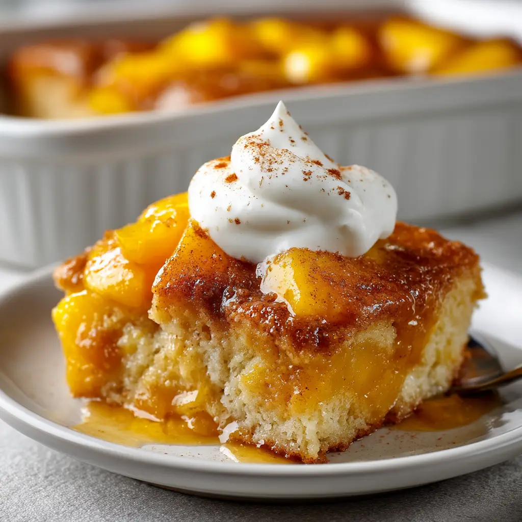 A close-up view of a scoop of peach dump cake on a plate, topped with a scoop of melting vanilla ice cream.