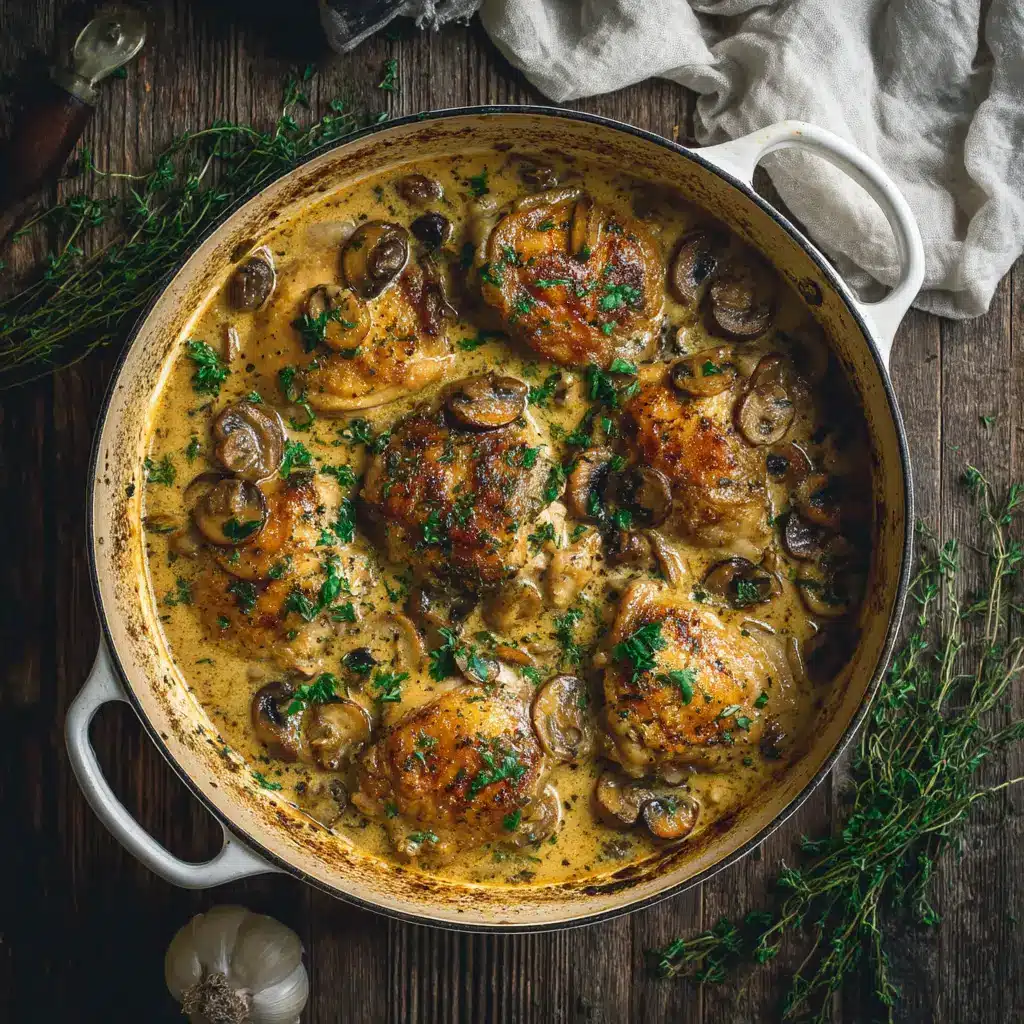 A spoonful of the slow cooker mushroom chicken being lifted from a pot, showing the creamy texture of the sauce and tender chicken.