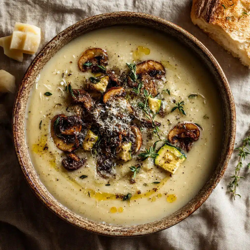 An overhead shot of a creamy beige pot filled with simmering French vegetable stew, also known as Ratatouille Soup.