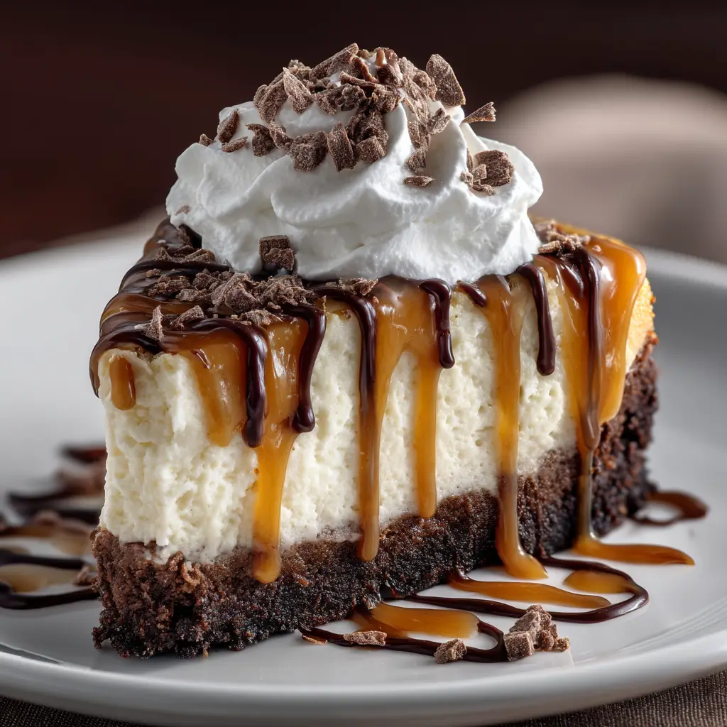 A perfect slice of brownie bottom cheesecake on a white plate, showcasing the rich chocolate brownie base and the thick, creamy cheesecake layer, drizzled with caramel sauce.