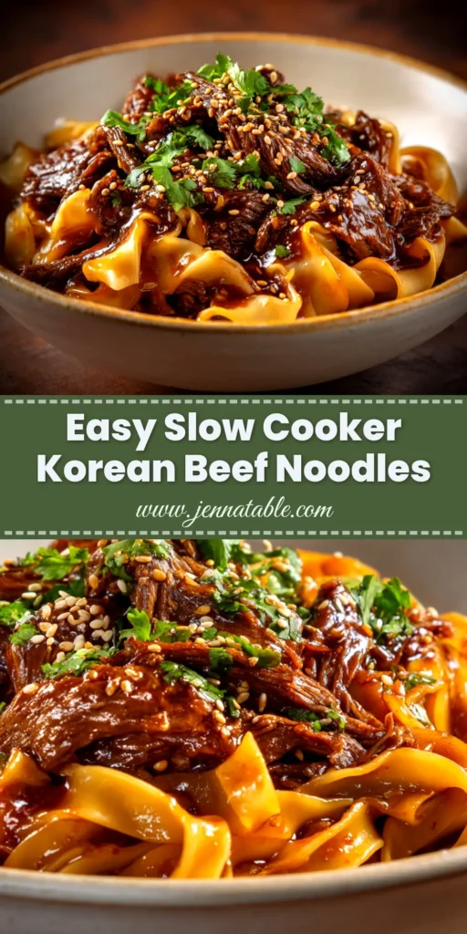 An overhead shot of a bowl of Slow Cooker Korean Beef Noodles, showing tender shredded beef and sauce over noodles, garnished with green onions and sesame seeds.