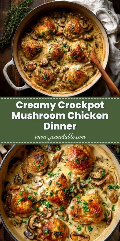 A close-up overhead shot of creamy Slow Cooker Mushroom Chicken served over egg noodles in a white bowl, garnished with fresh parsley.
