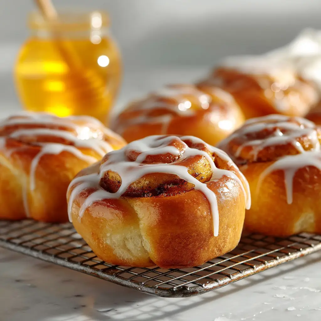 A close-up shot of several soft honey buns arranged together, showing their fluffy texture and glistening glaze.