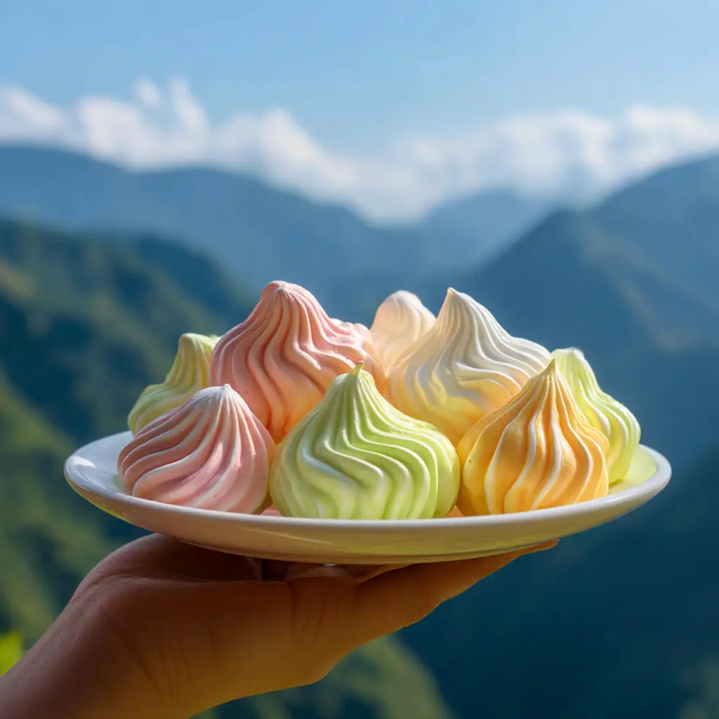 A hand holding a plate of freshly baked, pink strawberry flavored meringue cookies, ready to be eaten.