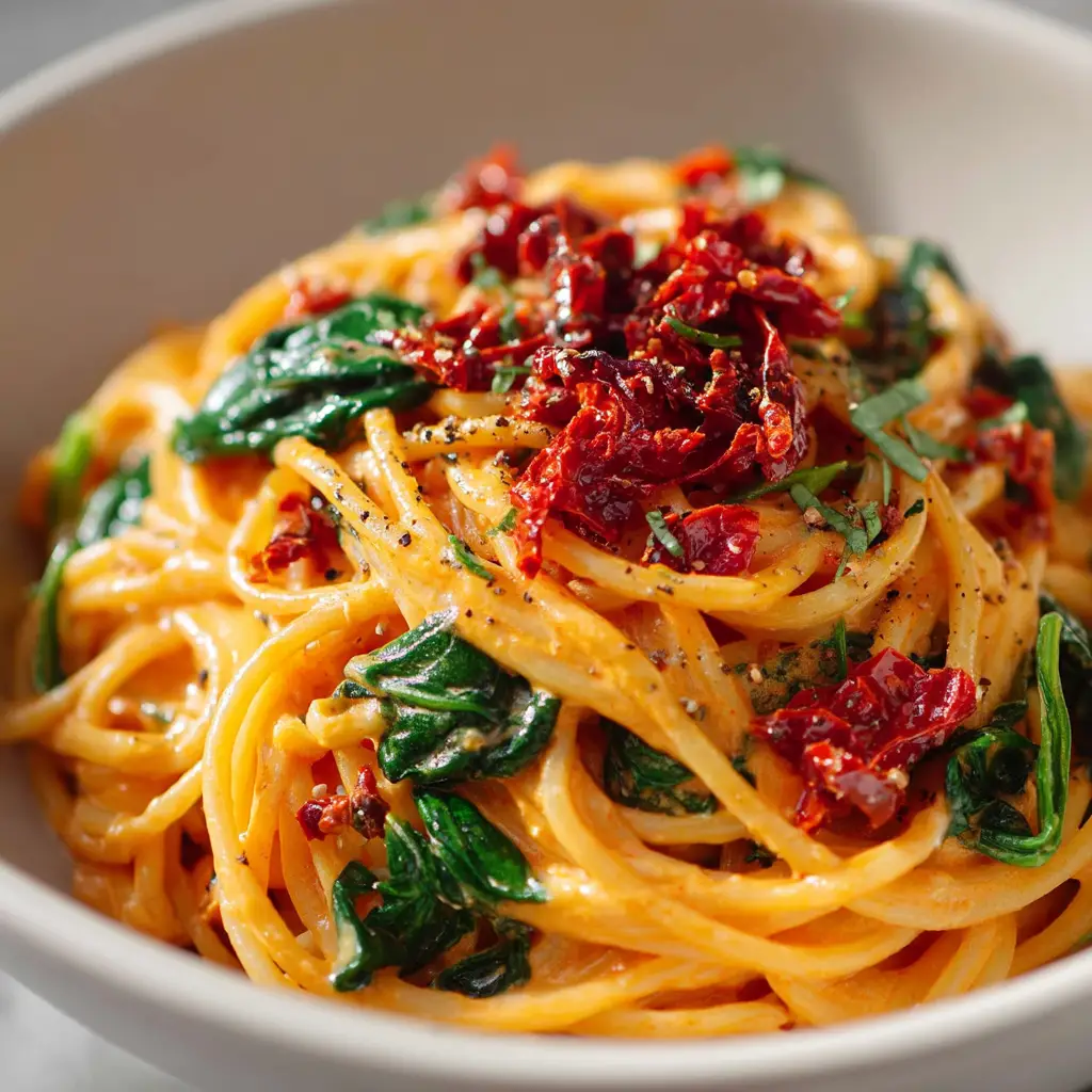 Sun-Dried Tomato Pasta (Creamy, Easy, & Ready in 30 Mins!) 2 A photorealistic shot of sun-dried tomato pasta in a white bowl, viewed from above. The spaghetti is coated in a vibrant creamy tomato sauce with flecks of basil.