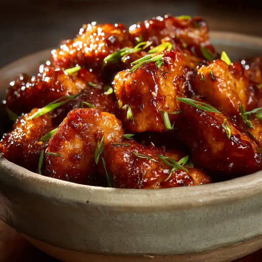 A piece of sweet and spicy chicken being lifted from a baking sheet, with the hot honey glaze dripping off.