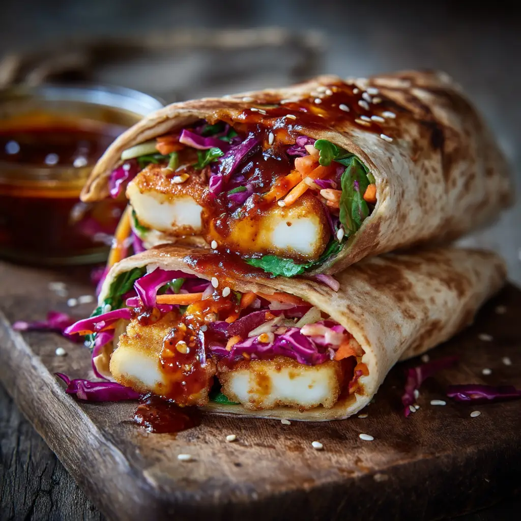 Two sweet chili halloumi wraps served on a plate, ready to eat. This shows the final dish and how it can be presented for a delicious lunch or dinner.